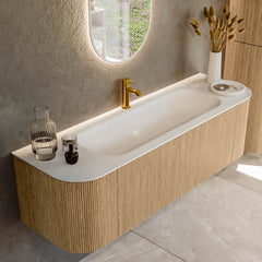 MONDIAZ KURVE 150cm badmeubel ronding Links + Rechts kleur Oak met 1 lade en 2 deuren. Wastafel BIG MEDIUM Midden 1 kraangat Talc.