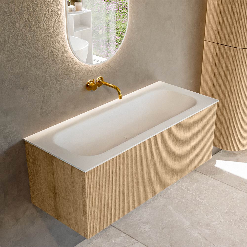 MONDIAZ KURVE 110cm badmeubel kleur Oak met 1 lade en 0 deuren. Wastafel BIG MEDIUM Midden zonder kraangat Talc.