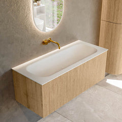 MONDIAZ KURVE 110cm badmeubel kleur Oak met 1 lade en 0 deuren. Wastafel BIG MEDIUM Midden zonder kraangat Talc.