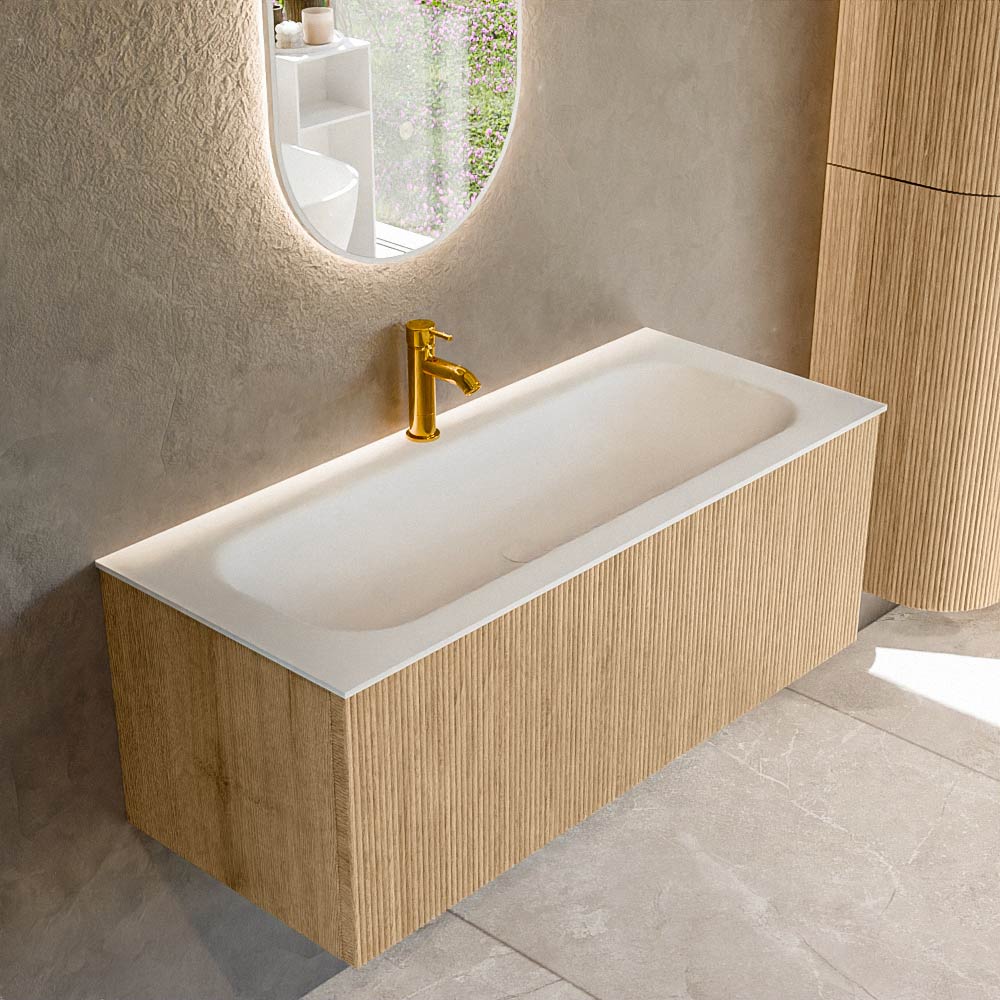 MONDIAZ KURVE 110cm badmeubel kleur Oak met 1 lade en 0 deuren. Wastafel BIG MEDIUM Midden 1 kraangat Talc.