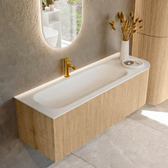 MONDIAZ KURVE 135cm badmeubel ronding Rechts kleur Oak met 1 lade en 1 deur. Wastafel BIG MEDIUM Links 1 kraangat Talc.