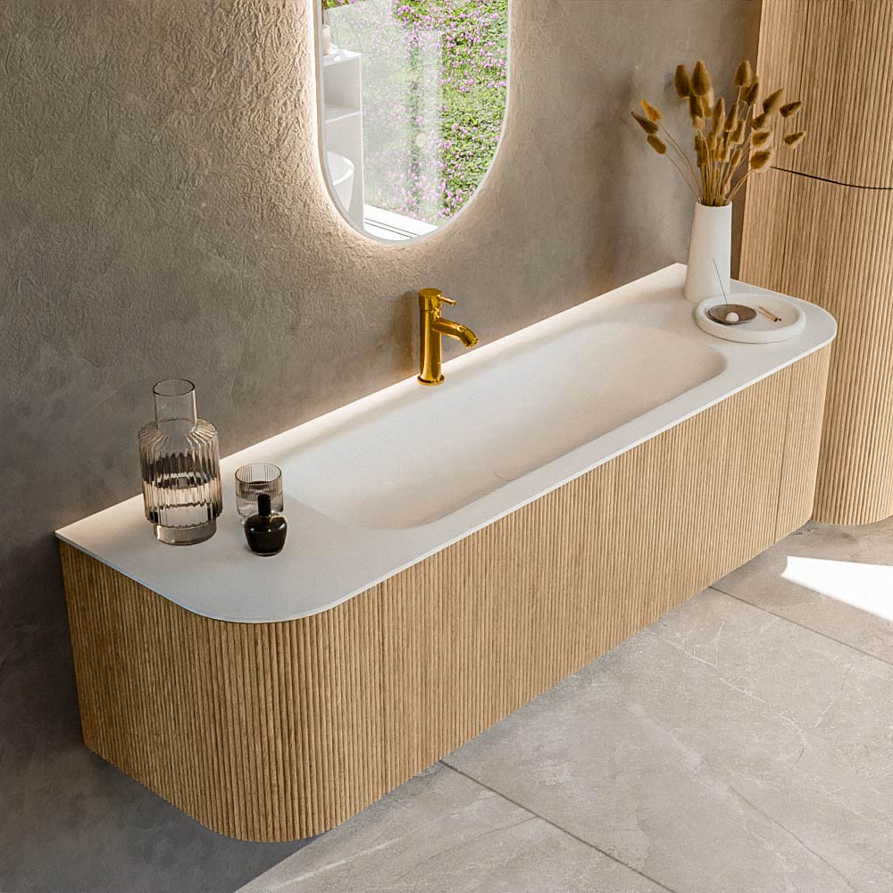 MONDIAZ KURVE 160cm badmeubel ronding Links + Rechts kleur Oak met 1 lade en 2 deuren. Wastafel BIG MEDIUM Midden 1 kraangat Talc.