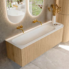 MONDIAZ KURVE 145cm badmeubel ronding Rechts kleur Oak met 1 lade en 1 deur. Wastafel BIG LARGE Links zonder kraangat Talc.