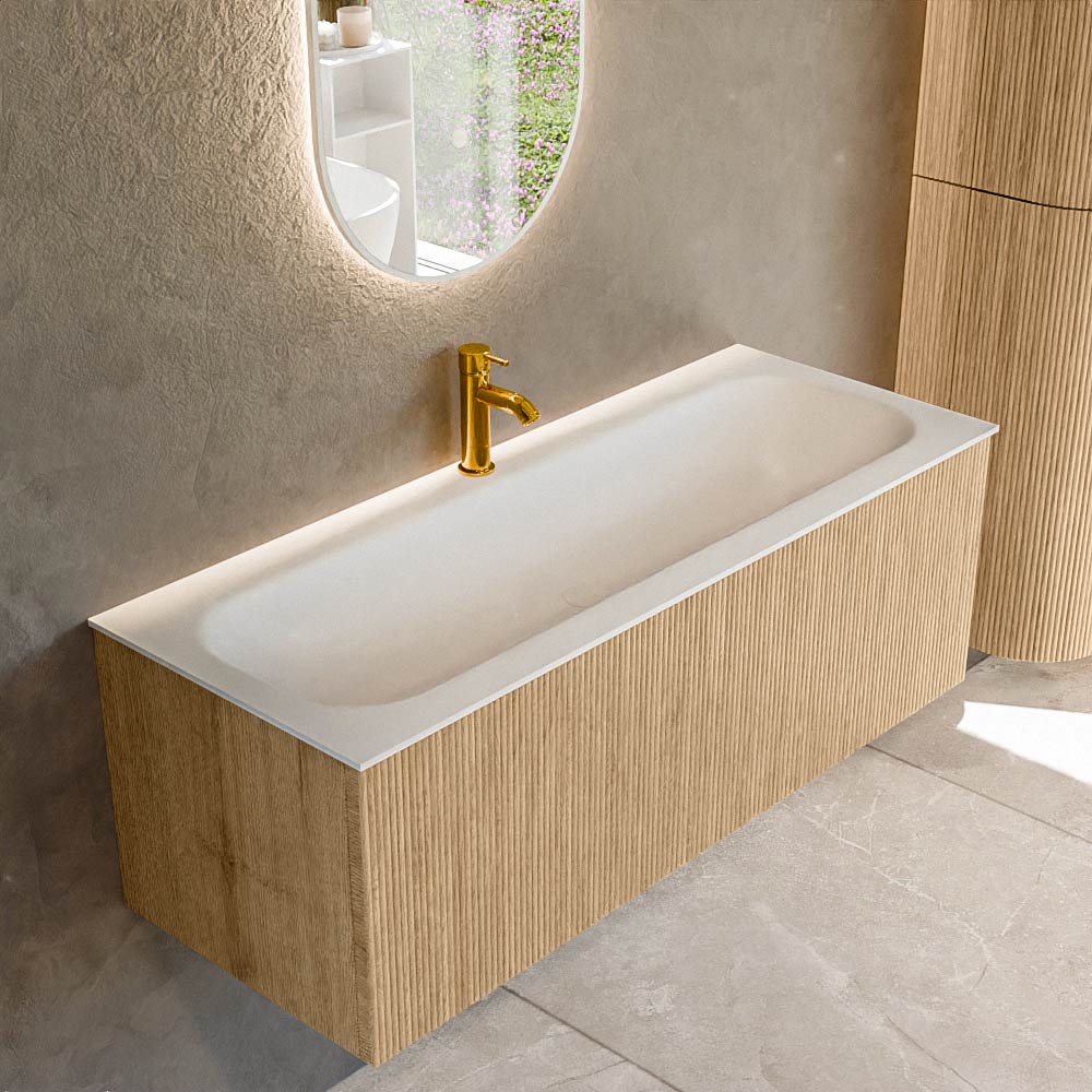 MONDIAZ KURVE 120cm badmeubel kleur Oak met 1 lade en 0 deuren. Wastafel BIG LARGE Midden 1 kraangat Talc.