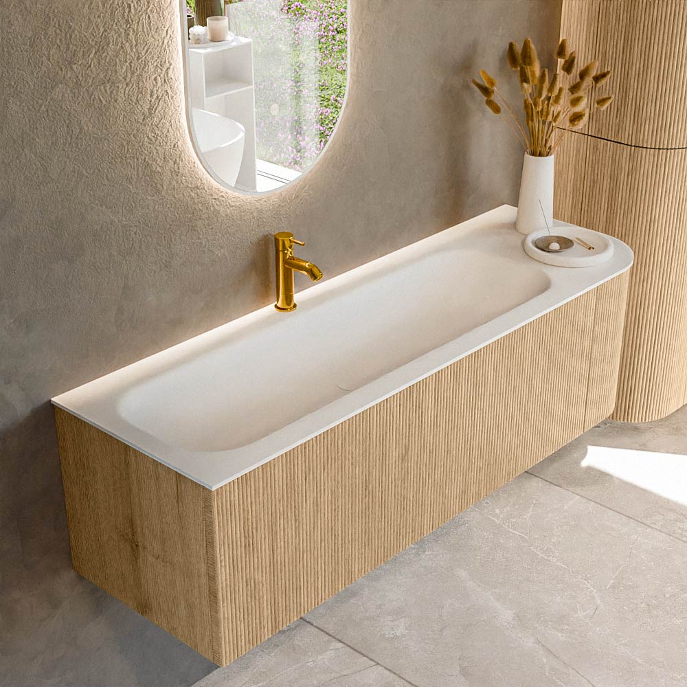 MONDIAZ KURVE 145cm badmeubel ronding Rechts kleur Oak met 1 lade en 1 deur. Wastafel BIG LARGE Links 1 kraangat Talc.