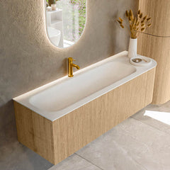 MONDIAZ KURVE 145cm badmeubel ronding Rechts kleur Oak met 1 lade en 1 deur. Wastafel BIG LARGE Links 1 kraangat Talc.