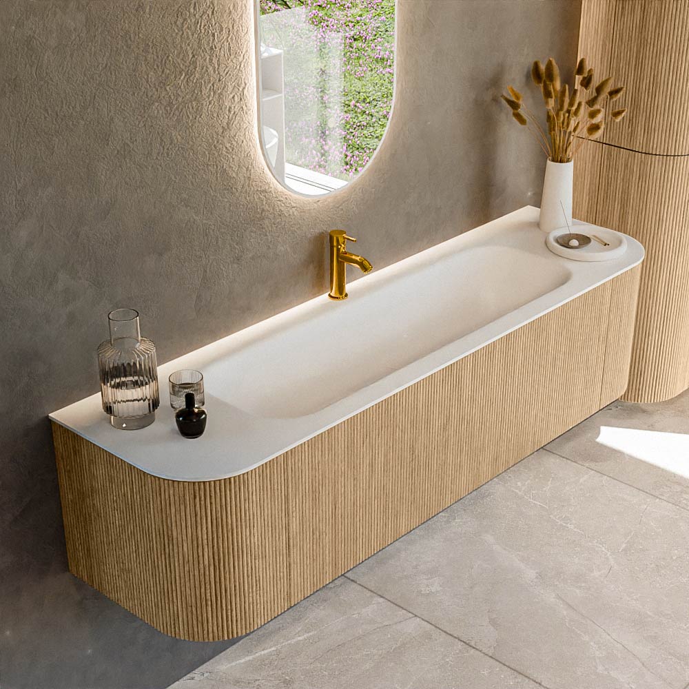 MONDIAZ KURVE 170cm badmeubel ronding Links + Rechts kleur Oak met 1 lade en 2 deuren. Wastafel BIG LARGE Midden 1 kraangat Talc.