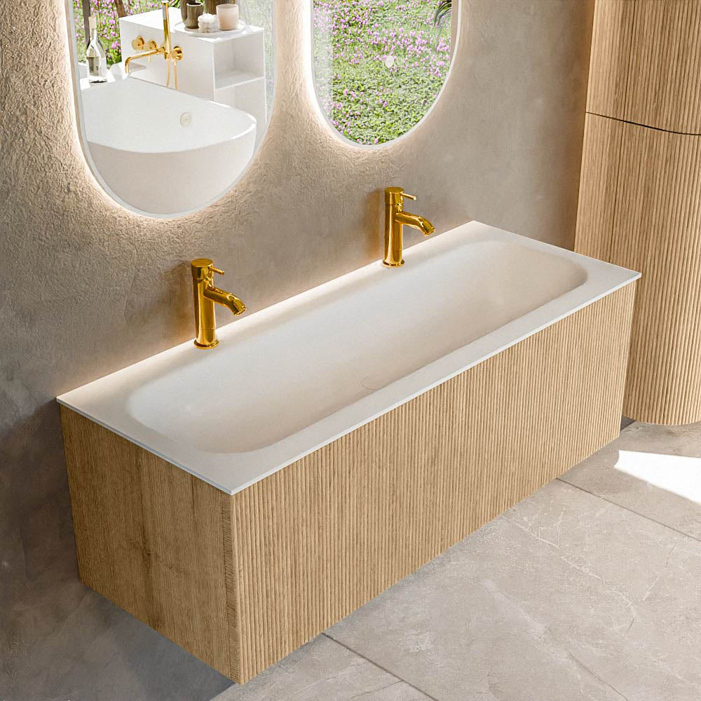 MONDIAZ KURVE 120cm badmeubel kleur Oak met 1 lade en 0 deuren. Wastafel BIG LARGE Midden 2 kraangaten Talc.
