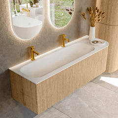 MONDIAZ KURVE 145cm badmeubel ronding Rechts kleur Oak met 1 lade en 1 deur. Wastafel BIG LARGE Links 2 kraangaten Talc.