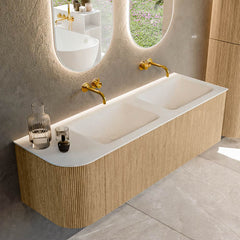 MONDIAZ KURVE 145cm badmeubel ronding Links kleur Oak met 1 lade en 1 deur. Wastafel CLOUD Dubbel / Rechts zonder kraangat Talc.