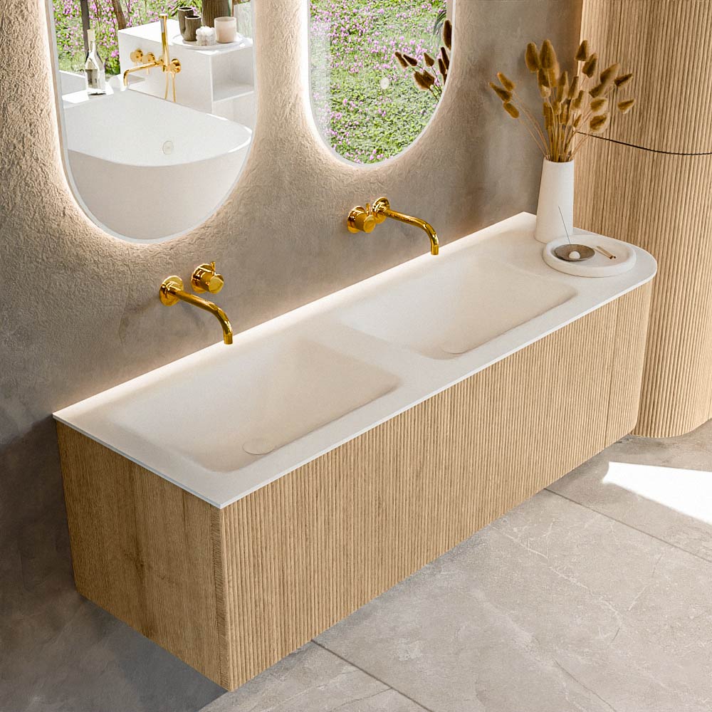 MONDIAZ KURVE 145cm badmeubel ronding Rechts kleur Oak met 1 lade en 1 deur. Wastafel CLOUD Dubbel / Links zonder kraangat Talc.