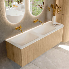 MONDIAZ KURVE 145cm badmeubel ronding Rechts kleur Oak met 1 lade en 1 deur. Wastafel CLOUD Dubbel / Links zonder kraangat Talc.