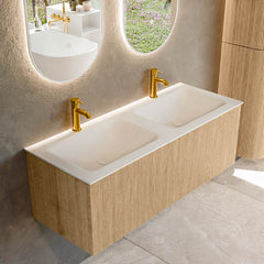 MONDIAZ KURVE 120cm badmeubel kleur Oak met 1 lade en 0 deuren. Wastafel CLOUD Dubbel 2 kraangaten Talc.