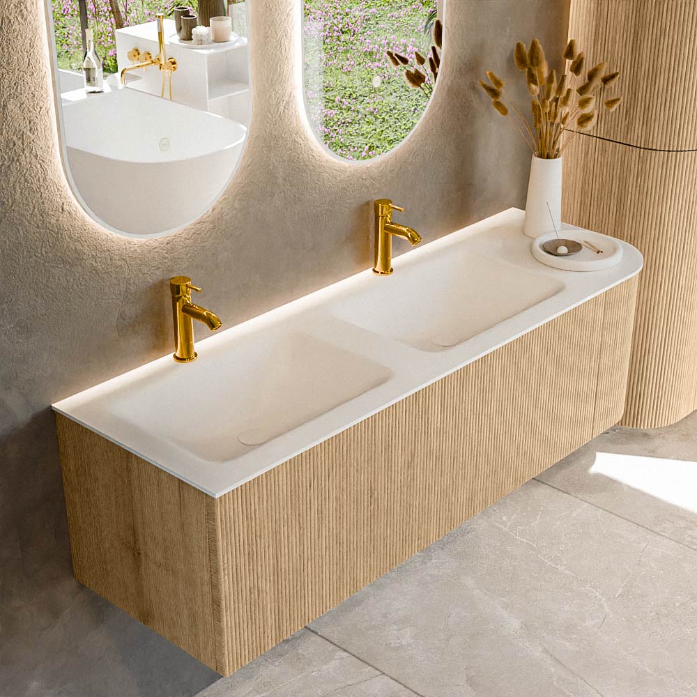 MONDIAZ KURVE 145cm badmeubel ronding Rechts kleur Oak met 1 lade en 1 deur. Wastafel CLOUD Dubbel / Links 2 kraangaten Talc.
