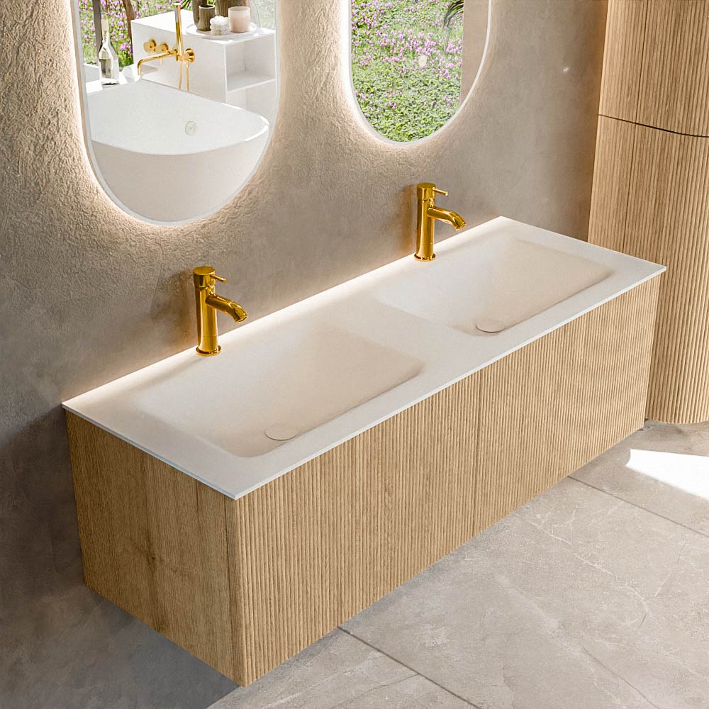 MONDIAZ KURVE 130cm badmeubel kleur Oak met 2 lades en 0 deuren. Wastafel CLOUD Dubbel 2 kraangaten Talc.