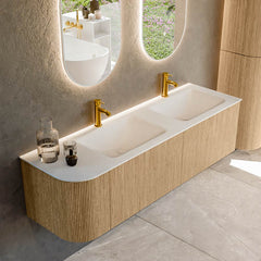 MONDIAZ KURVE 155cm badmeubel ronding Links kleur Oak met 2 lades en 1 deur. Wastafel CLOUD Dubbel / Rechts 2 kraangaten Talc.