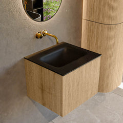 MONDIAZ KURVE 50cm badmeubel kleur Oak met 1 lade en 0 deuren. Wastafel GRUNNE Midden zonder kraangat Urban.