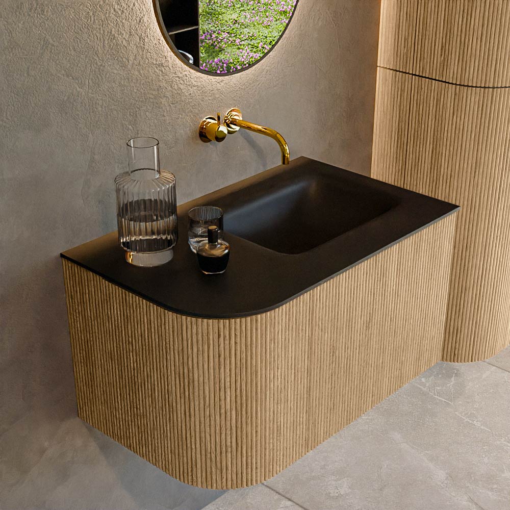MONDIAZ KURVE 75cm badmeubel ronding Links kleur Oak met 1 lade en 1 deur. Wastafel GRUNNE Rechts zonder kraangat Urban.