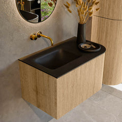 MONDIAZ KURVE 75cm badmeubel ronding Rechts kleur Oak met 1 lade en 1 deur. Wastafel GRUNNE Links zonder kraangat Urban.