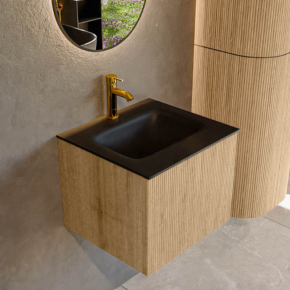 MONDIAZ KURVE 50cm badmeubel kleur Oak met 1 lade en 0 deuren. Wastafel GRUNNE Midden 1 kraangat Urban.