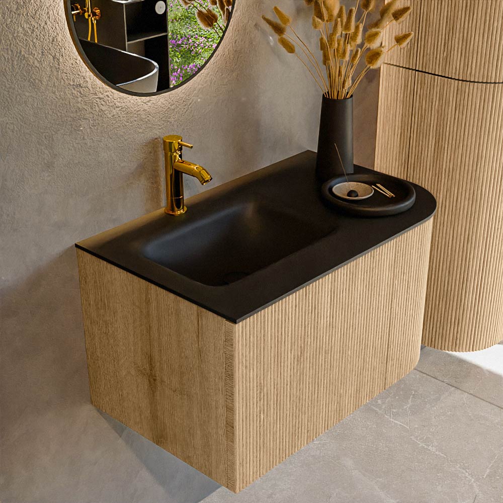 MONDIAZ KURVE 75cm badmeubel ronding Rechts kleur Oak met 1 lade en 1 deur. Wastafel GRUNNE Links 1 kraangat Urban.