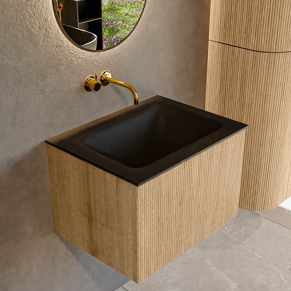MONDIAZ KURVE 60cm badmeubel kleur Oak met 1 lade en 0 deuren. Wastafel CLOUD Midden zonder kraangat Urban.