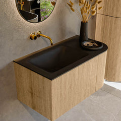 MONDIAZ KURVE 85cm badmeubel ronding Rechts kleur Oak met 1 lade en 1 deur. Wastafel CLOUD Links zonder kraangat Urban.