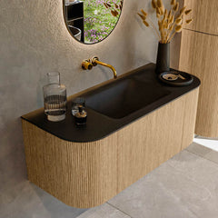 MONDIAZ KURVE 110cm badmeubel ronding Links + Rechts kleur Oak met 1 lade en 2 deuren. Wastafel CLOUD Midden zonder kraangat Urban.