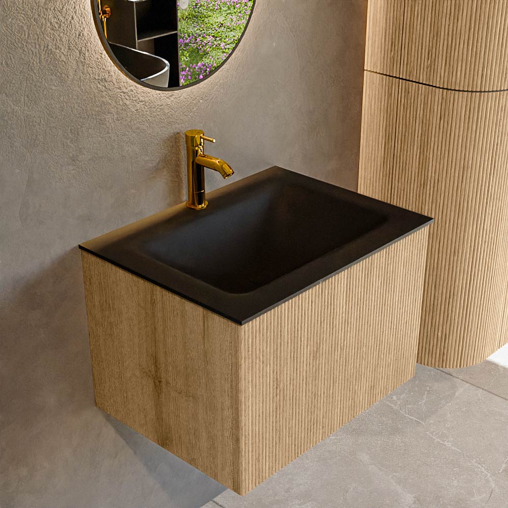 MONDIAZ KURVE 60cm badmeubel kleur Oak met 1 lade en 0 deuren. Wastafel CLOUD Midden 1 kraangat Urban.