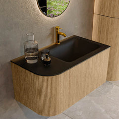 MONDIAZ KURVE 85cm badmeubel ronding Links kleur Oak met 1 lade en 1 deur. Wastafel CLOUD Rechts 1 kraangat Urban.