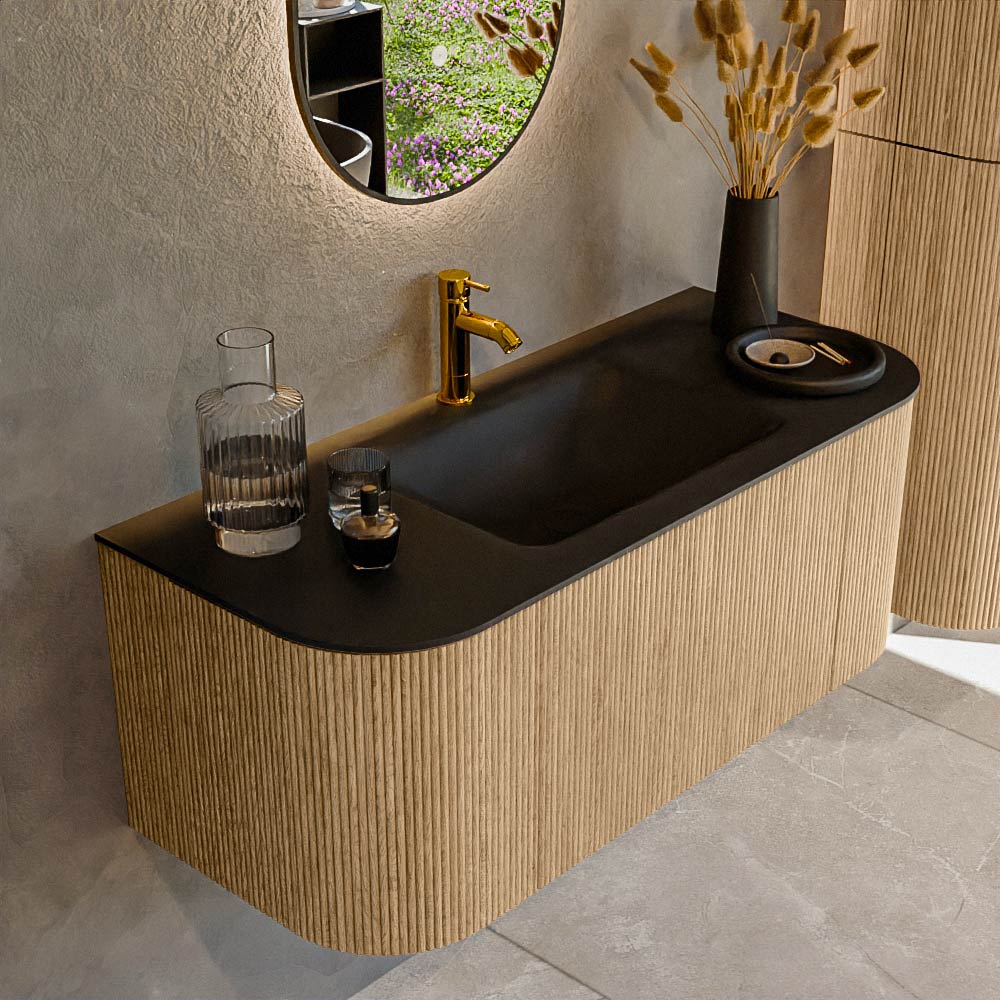 MONDIAZ KURVE 110cm badmeubel ronding Links + Rechts kleur Oak met 1 lade en 2 deuren. Wastafel CLOUD Midden 1 kraangat Urban.