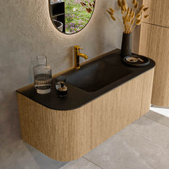 MONDIAZ KURVE 110cm badmeubel ronding Links + Rechts kleur Oak met 1 lade en 2 deuren. Wastafel CLOUD Midden 1 kraangat Urban.