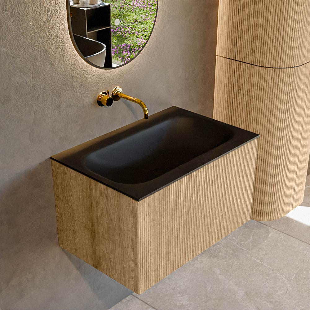 MONDIAZ KURVE 70cm badmeubel kleur Oak met 1 lade en 0 deuren. Wastafel BIG SMALL Midden zonder kraangat Urban.