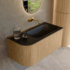 MONDIAZ KURVE 95cm badmeubel ronding Links kleur Oak met 1 lade en 1 deur. Wastafel BIG SMALL Rechts zonder kraangat Urban.