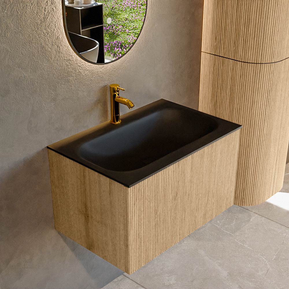 MONDIAZ KURVE 70cm badmeubel kleur Oak met 1 lade en 0 deuren. Wastafel BIG SMALL Midden 1 kraangat Urban.