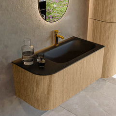 MONDIAZ KURVE 95cm badmeubel ronding Links kleur Oak met 1 lade en 1 deur. Wastafel BIG SMALL Rechts 1 kraangat Urban.