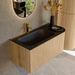 MONDIAZ KURVE 95cm badmeubel ronding Rechts kleur Oak met 1 lade en 1 deur. Wastafel BIG SMALL Links 1 kraangat Urban.
