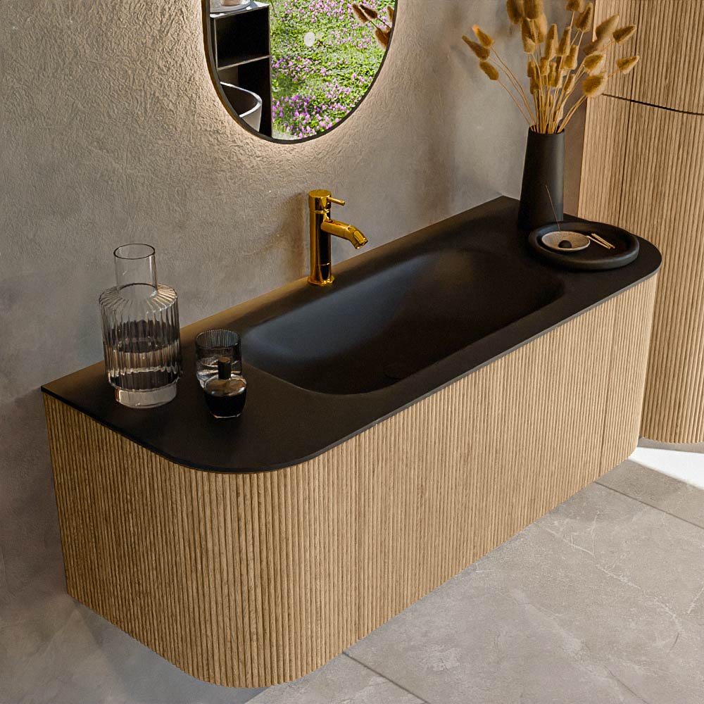MONDIAZ KURVE 120cm badmeubel ronding Links + Rechts kleur Oak met 1 lade en 2 deuren. Wastafel BIG SMALL Midden 1 kraangat Urban.