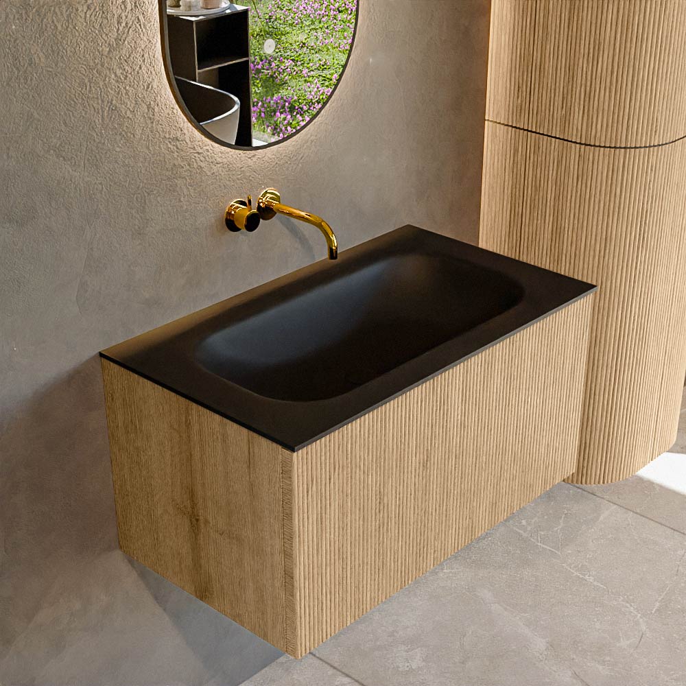 MONDIAZ KURVE 80cm badmeubel kleur Oak met 1 lade en 0 deuren. Wastafel BIG SMALL Midden zonder kraangat Urban.