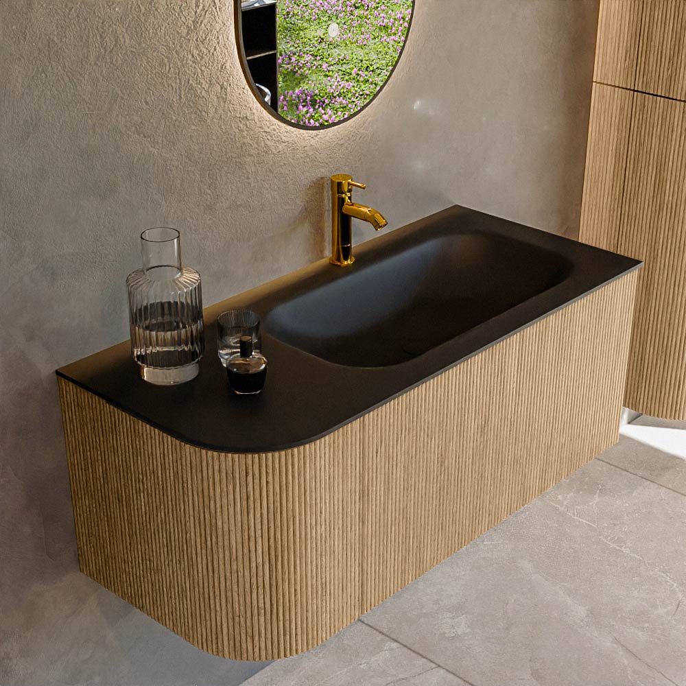 MONDIAZ KURVE 105cm badmeubel ronding Links kleur Oak met 1 lade en 1 deur. Wastafel BIG SMALL Rechts 1 kraangat Urban.