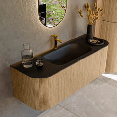 MONDIAZ KURVE 130cm badmeubel ronding Links + Rechts kleur Oak met 1 lade en 2 deuren. Wastafel BIG SMALL Midden 1 kraangat Urban.