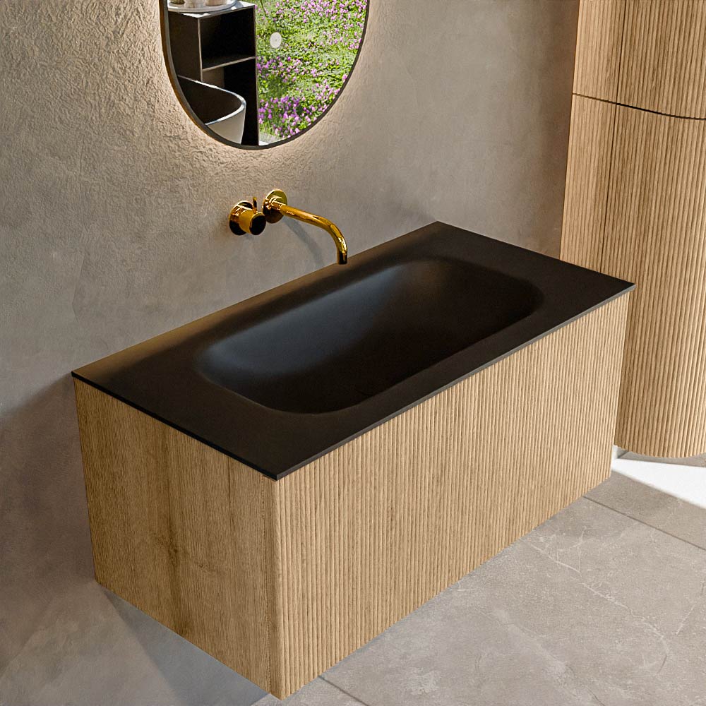 MONDIAZ KURVE 90cm badmeubel kleur Oak met 1 lade en 0 deuren. Wastafel BIG SMALL Midden zonder kraangat Urban.