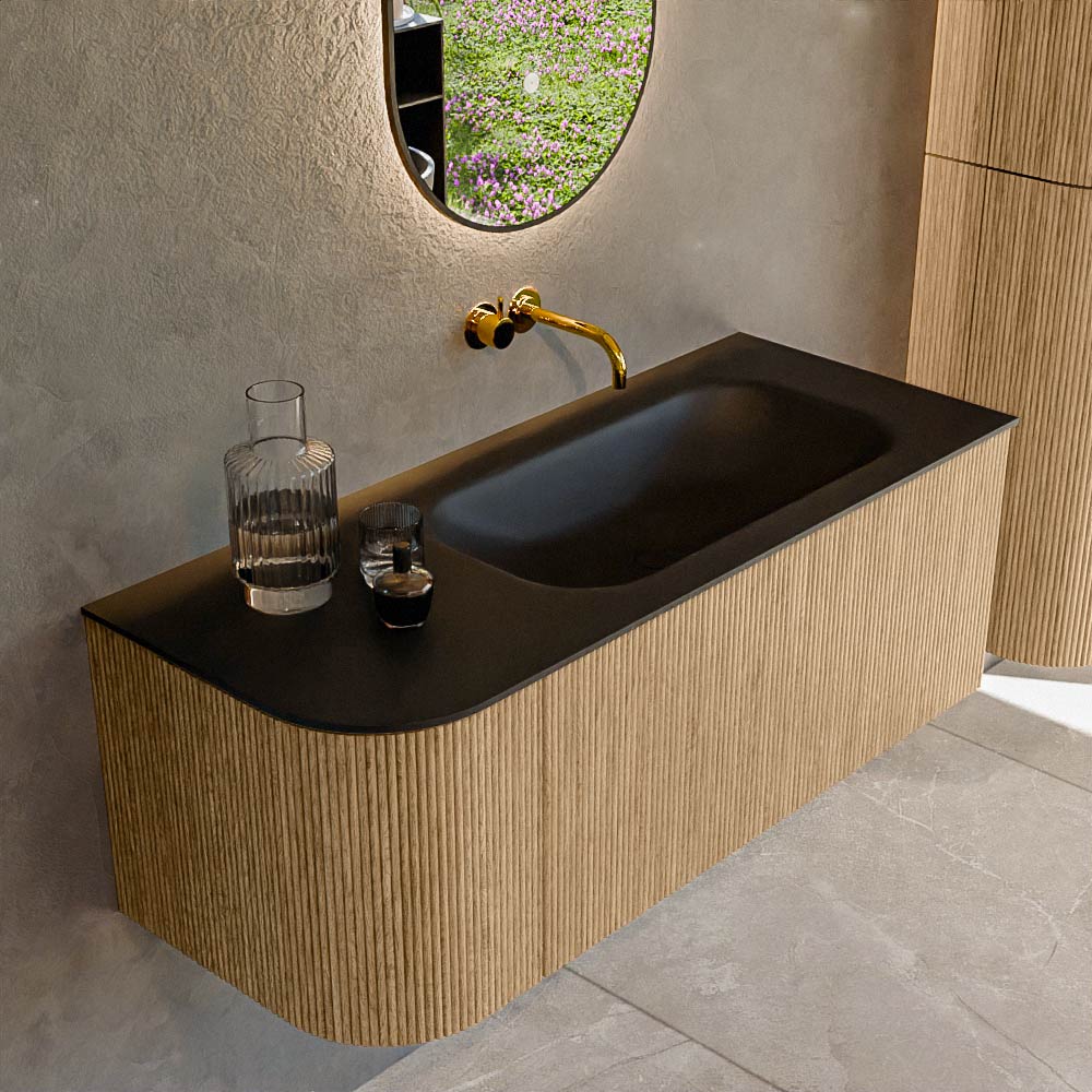 MONDIAZ KURVE 115cm badmeubel ronding Links kleur Oak met 1 lade en 1 deur. Wastafel BIG SMALL Rechts zonder kraangat Urban.