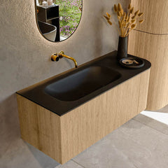 MONDIAZ KURVE 115cm badmeubel ronding Rechts kleur Oak met 1 lade en 1 deur. Wastafel BIG SMALL Links zonder kraangat Urban.