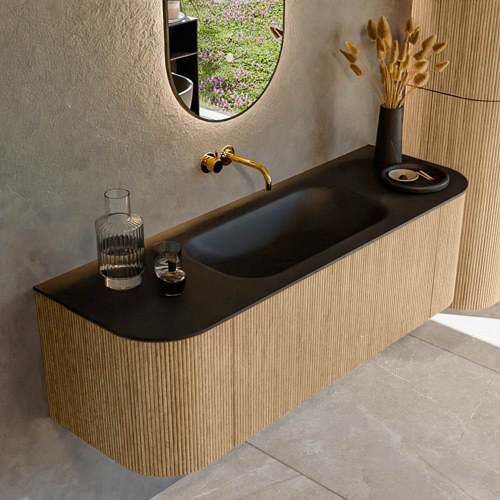 MONDIAZ KURVE 140cm badmeubel ronding Links + Rechts kleur Oak met 1 lade en 2 deuren. Wastafel BIG SMALL Midden zonder kraangat Urban.