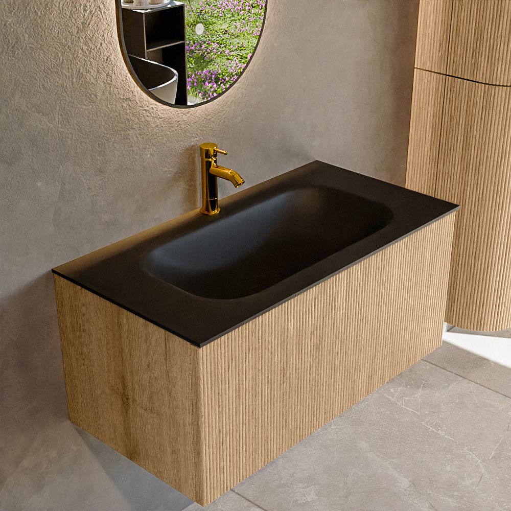 MONDIAZ KURVE 90cm badmeubel kleur Oak met 1 lade en 0 deuren. Wastafel BIG SMALL Midden 1 kraangat Urban.