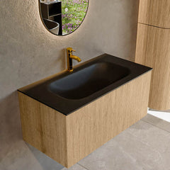 MONDIAZ KURVE 90cm badmeubel kleur Oak met 1 lade en 0 deuren. Wastafel BIG SMALL Midden 1 kraangat Urban.