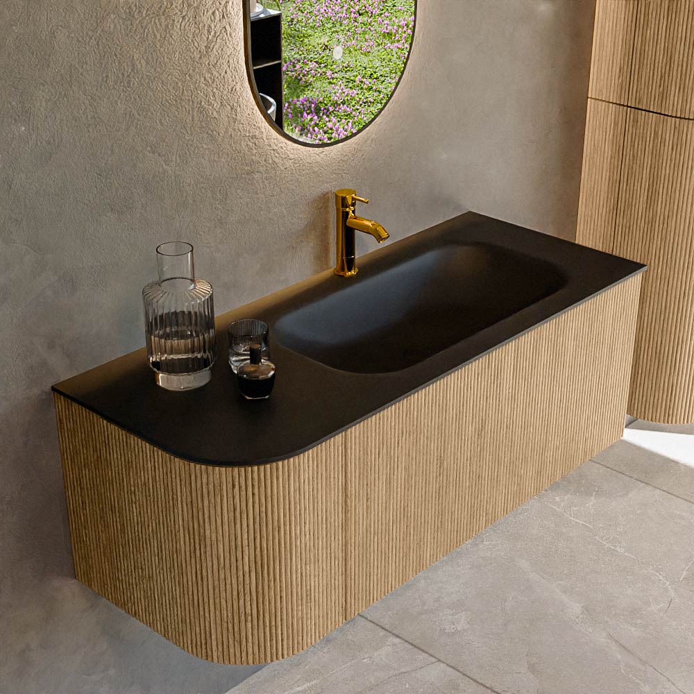 MONDIAZ KURVE 115cm badmeubel ronding Links kleur Oak met 1 lade en 1 deur. Wastafel BIG SMALL Rechts 1 kraangat Urban.