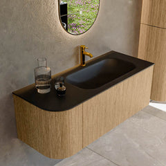 MONDIAZ KURVE 115cm badmeubel ronding Links kleur Oak met 1 lade en 1 deur. Wastafel BIG SMALL Rechts 1 kraangat Urban.