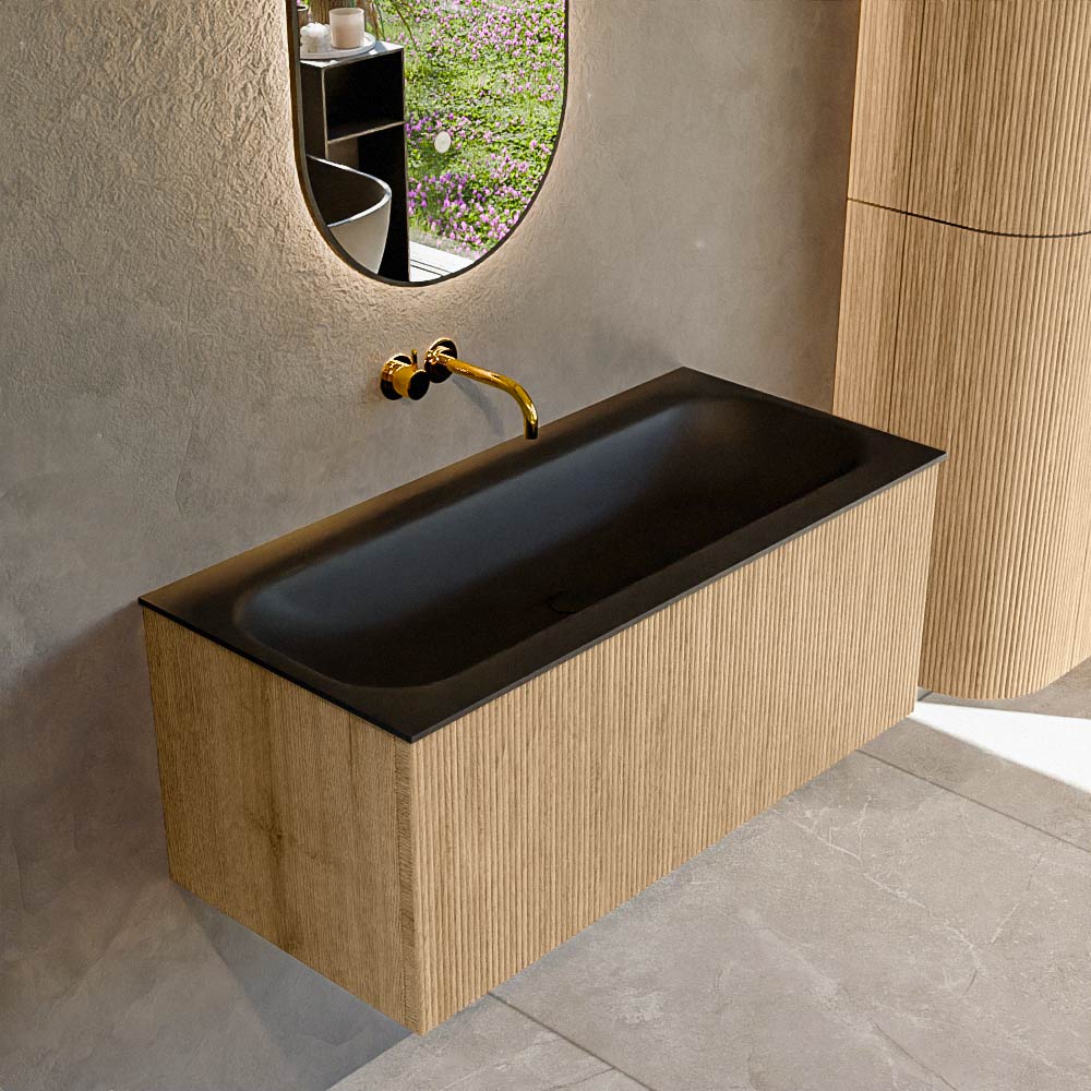 MONDIAZ KURVE 100cm badmeubel kleur Oak met 1 lade en 0 deuren. Wastafel BIG MEDIUM Midden zonder kraangat Urban.